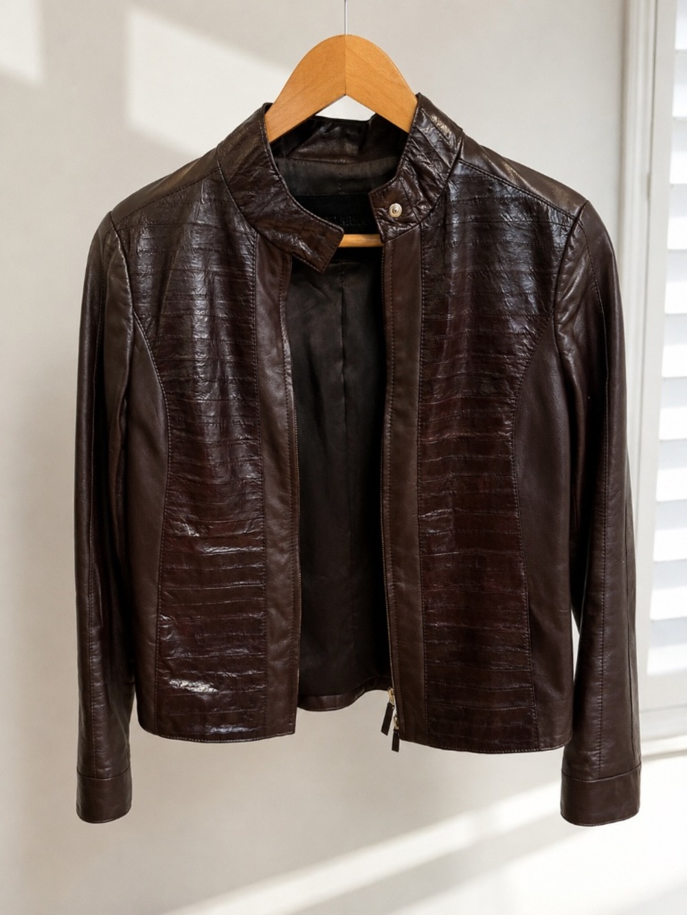 Giorgio Armani Dark Brown Leather Jacket with Textured Panels